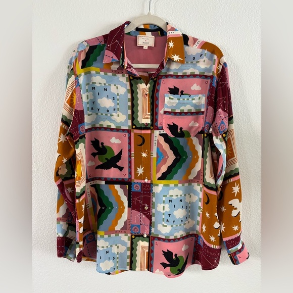 SÉZANE X PANGEA MAX SHIRT 100% Silk Button Down Long Sleeve Patchwork Multicolor - Picture 2 of 13